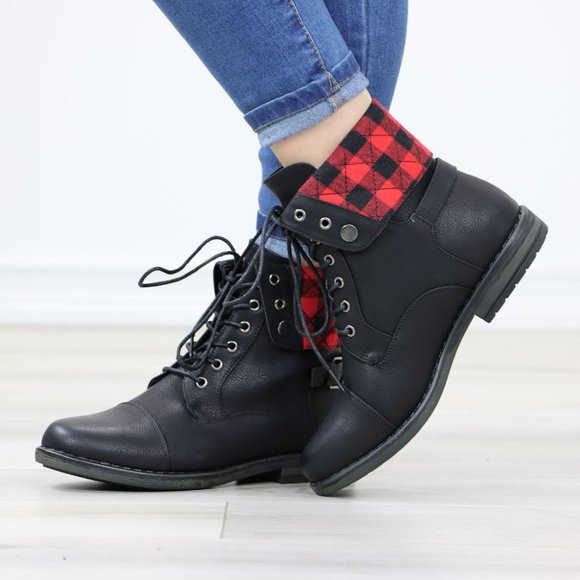 Buffalo Red Black Plaid Combat Ankles Boots Black Faux Leather - Picture 8 of 12